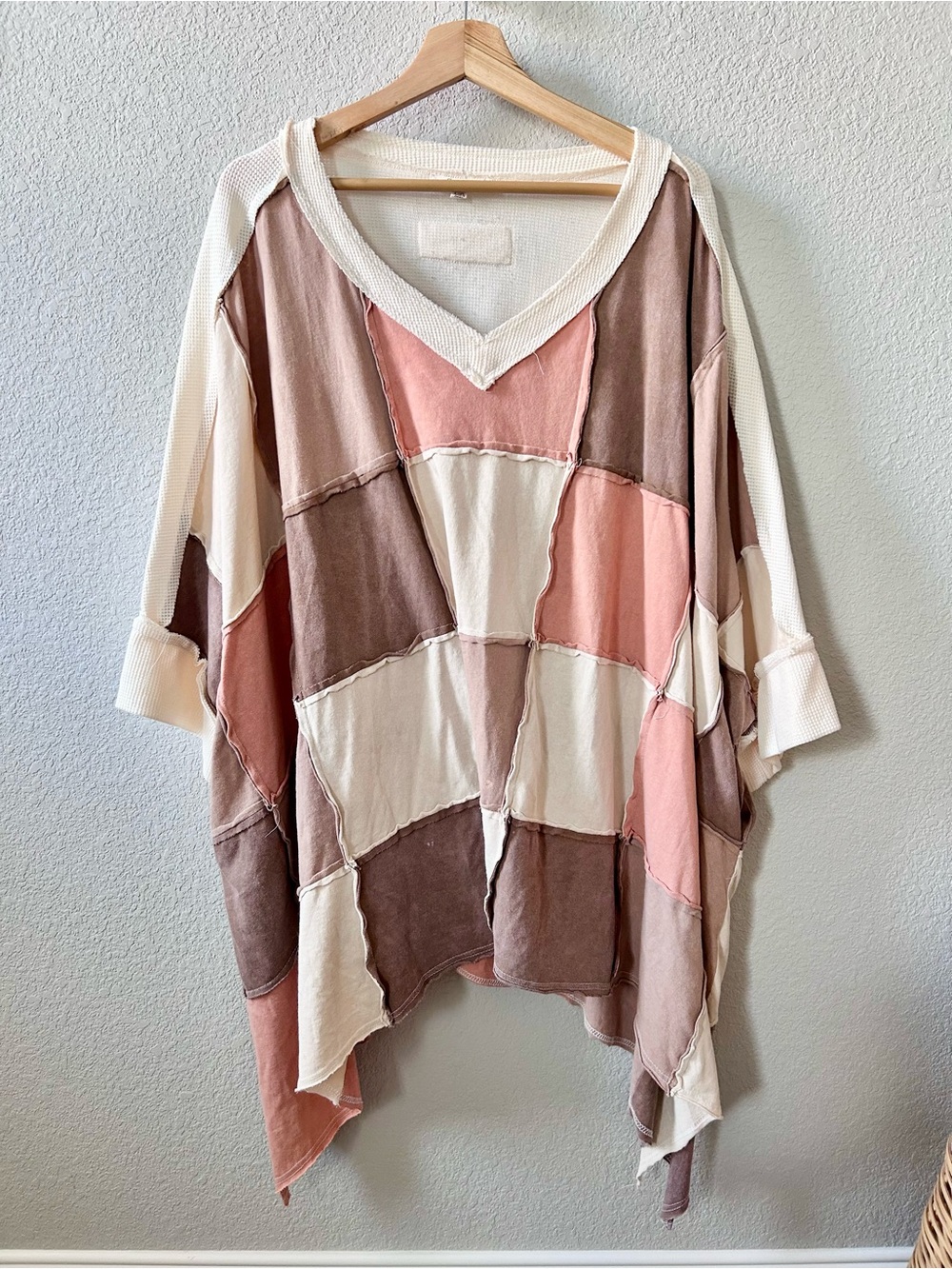 Oli & Hali Boho Patchwork Oversized Tunic Top Size L/XL VNeck Cream Brown Orange